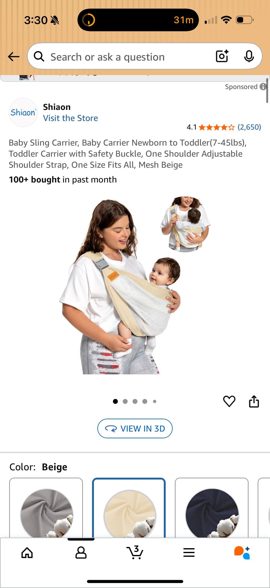 Baby Sling Carrier Up To 45 Pounds
