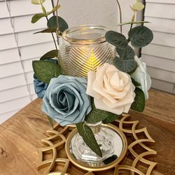 Blue Roses and Glass w/ Gold Lantern Centerpieces 