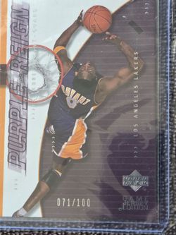 2 Kobe Bryant cards one 1996 Hoops Gold rookie one 2001 UD Purple Reign/100 gold