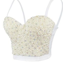 Women's Ivory White Pearl Corset Top / Beaded Rhinestones Top with Detachable Straps - Size Small