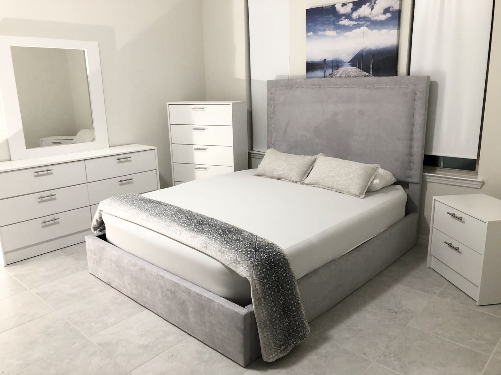 New queen grey bed frame Dresser, chest, Mirror and one nightstand (mattress is not included) FREE DELIVERY