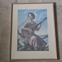 Jessie with Guitar : Thomas Hart Benton : 1957 : Vtg Framed Art Print 19x24