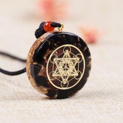 Orgone Metatron Cube Merkaba Pendant Necklace, Round Crystal Stone Orgonite Pendants, Orgonite Chakra Necklace for Emf Protection