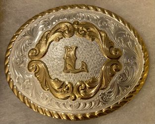 Vintage Metal Belt Buckle, Silver and Brass, Letter L, Initial L, Montana Silversmiths, Nice Design, 3" x 2 1/4", Heavy Duty, Quality, Thick Metal, Ma