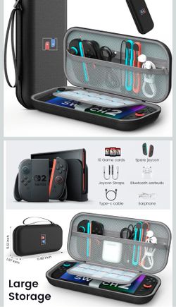 Switch Case for Nintendo Switch 2 and Switch / OLED
Black Portable Travel Carrying Case, Slim Hard Shell Protective for Switch 2 Accessories with 10 G
