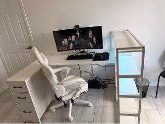 White Gaming Chair (Massage Feature) + Large U-Shaped Desk Setup