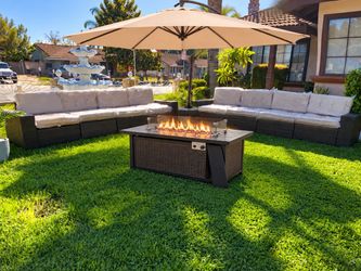 new patio set with fire pit and 11 ft umbrella