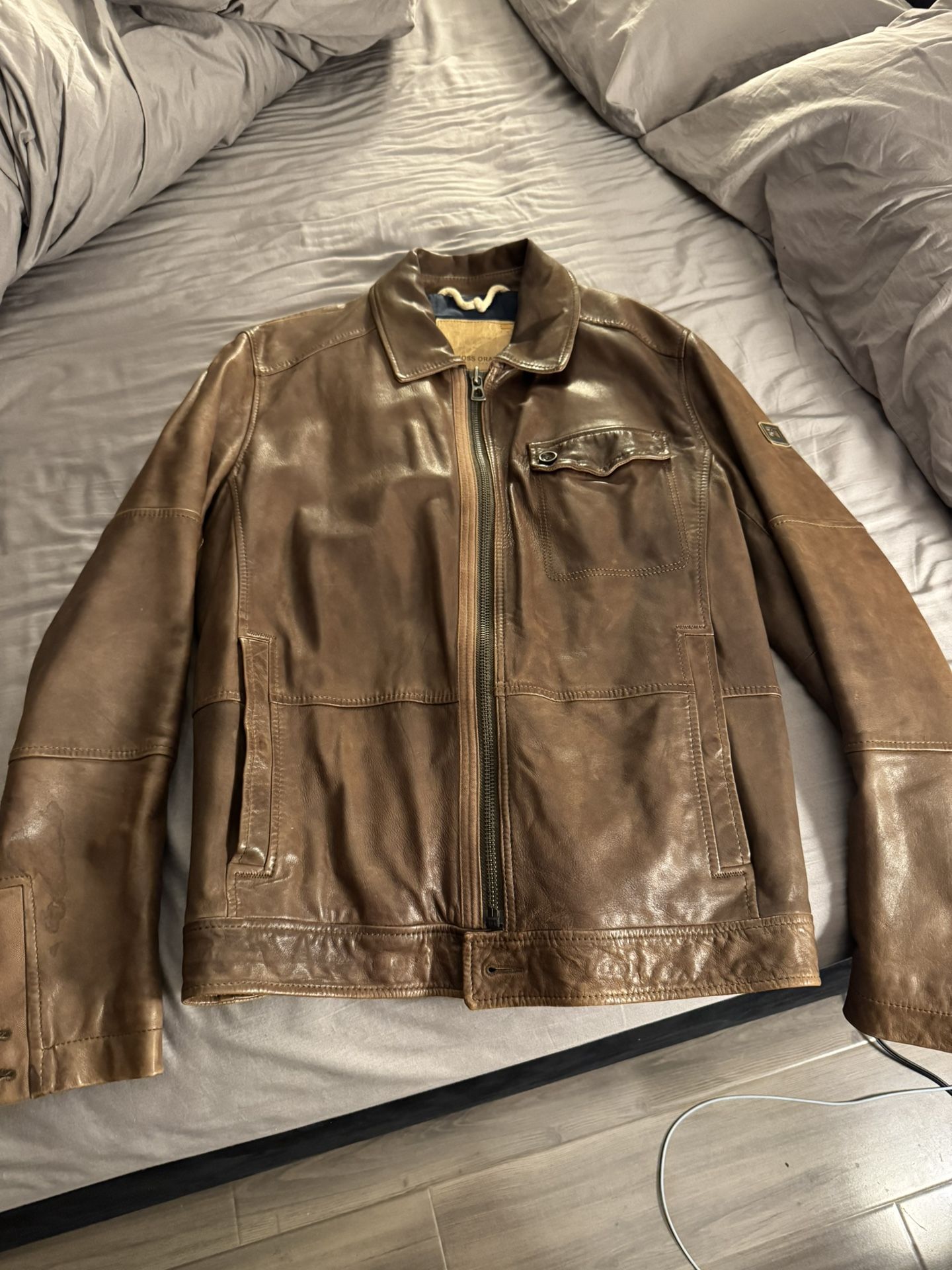 BOSS Orange - Hugo Boss Lamb Leather Jacket. Size: 42-44 (Large). Brown Lambskin Leather 