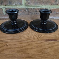 Vintage Pair of L.E. Smith Glass Art Deco Black Amethyst with Silver Overlay Candle Holders