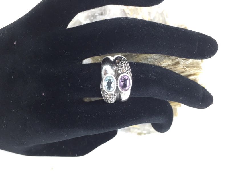 Vintage 925 STER Silver Aqua/Amethyst Marcasite Ring 7.5