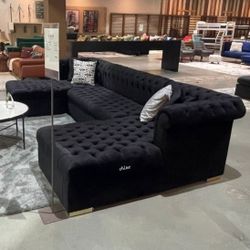 ● Larry Velvet Black Double Chaise Sectional Sofa Couch Living Room Set 