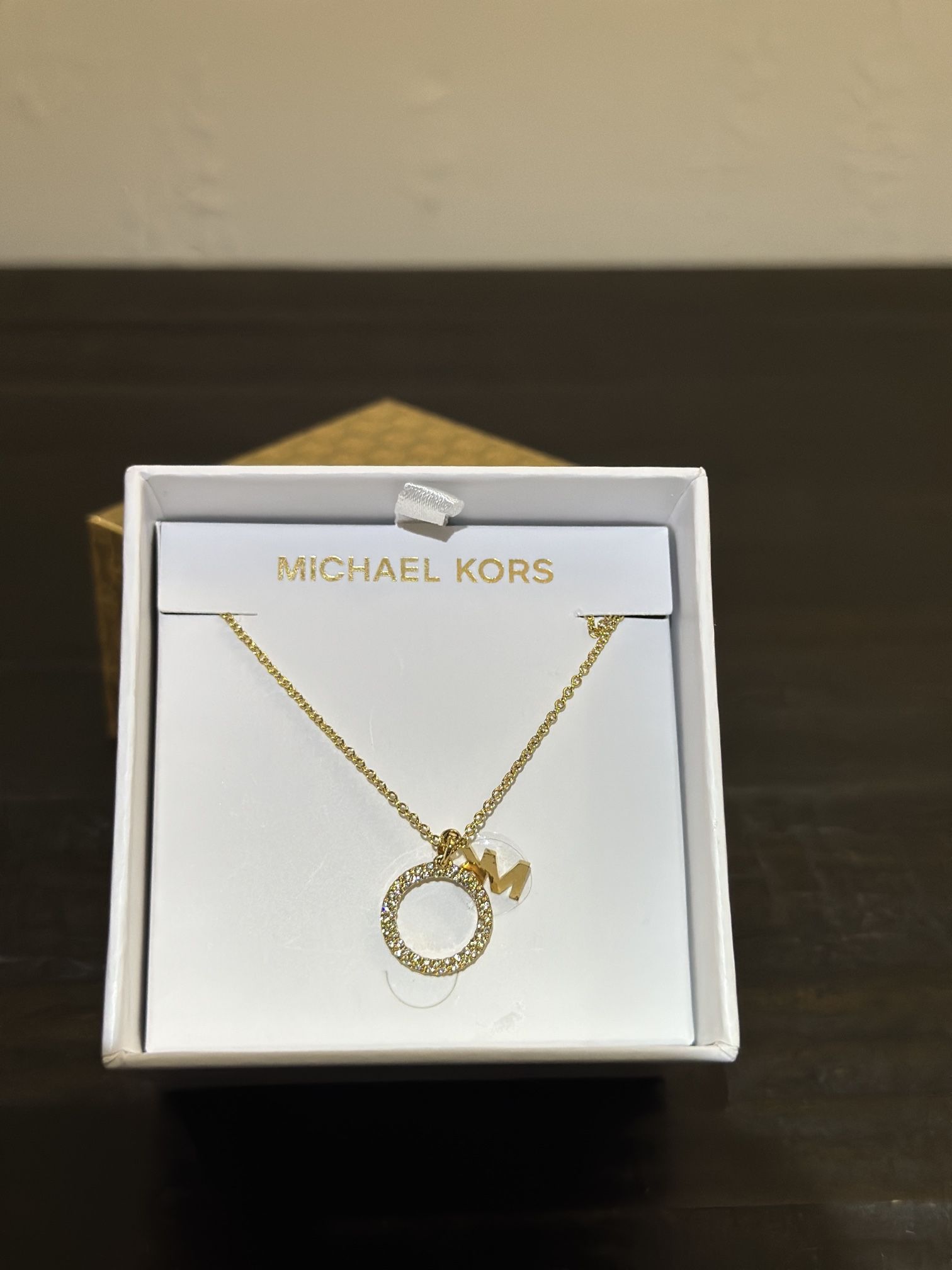 MICHAEL KORS Yellow Gold MK Logo Necklace with Crystals