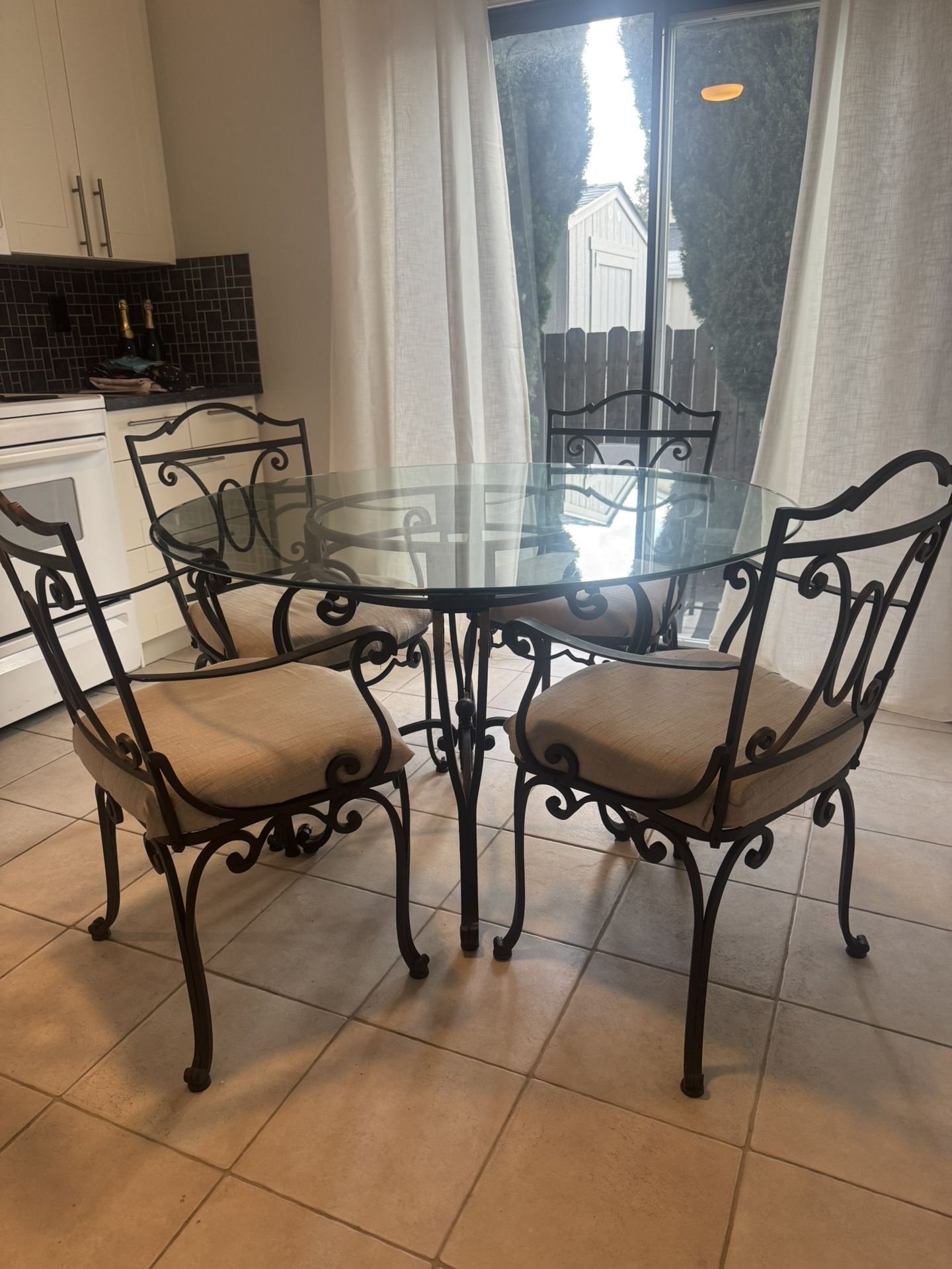 48” Round Glass Iron Base Dining Set W/ 4 Chairs