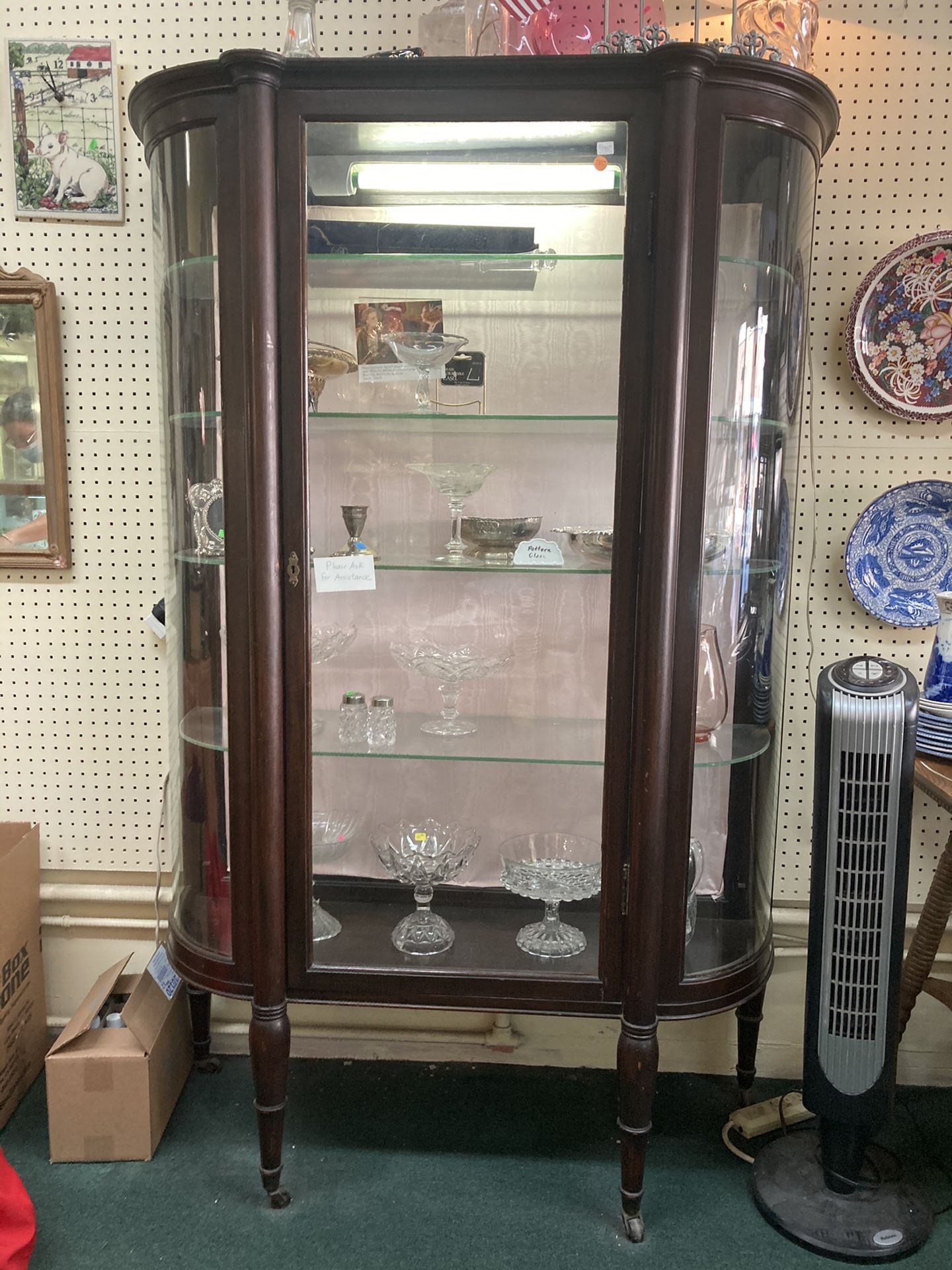 Antique Dark Oak Curved Glass Curio