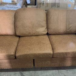 85'' Faux Leather Couch for Living Room, Mid Century Modern Leather Sofa with Rolled Arm, Classic 3 Seat Brown Couches with Nailheads Trim, Big Comfy 