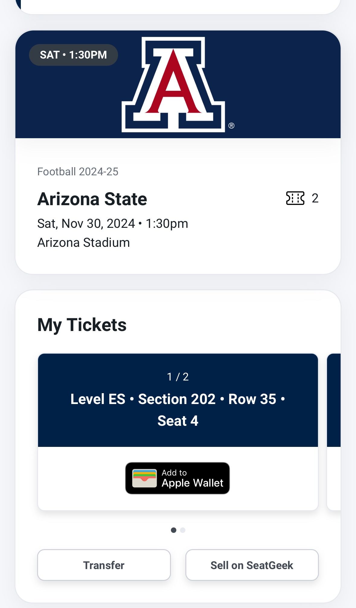 2 Tickets - UofA Vs ASU