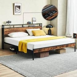 New King Platform Bed Frame with Charging Station, Headboard, No Box Spring, Rustic Brown