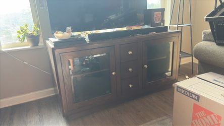 Dark Wood TV Stand with Glass Doors