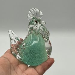 Rooster Aqua / Clear Glass Paperweight