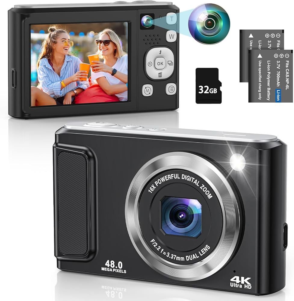 4K Digital Camera, 48MP Autofocus Vlogging Camera with Dual Camera, Flash, Anti-Shake, 16X Digital Zoom Point and Shoot Camera for Teens Boys Girls
