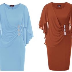 Chiffon Ruffle Flattering Cape Sleeve Bodycon Pencil Dress