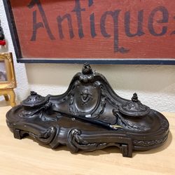 Charming Antique Large French Gilt Bronze/Resin INKWELL/Late 19th Century Faded Grandeur Antique Desk Office Adornment Chateau Style Home Office Decor