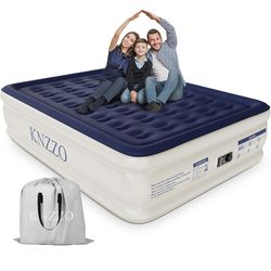 Air Mattress Queen with Built-in Pump, Blow Up Mattress with Soft Flocked Top, Leakproof Inflatable Mattress, Foldable Waterproof Air Bed for Home, Gu