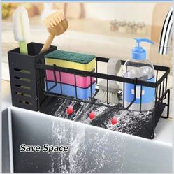 Stainless Steel Sink Organzier with High Brush Holder, Sponge Holder for Sink,Kitchen Countertop Soap Dispenser Organizer (Black, Drainer Rack+Pole)