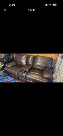 Dark Brown Leather Reclining Loveseat with Console