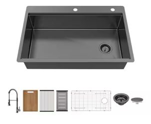 Glacier Bay 33 in. Drop-In Single Bowl 18-Gauge Gunmetal Stainless Steel Workstation Kitchen Sink with Accessories and Faucet