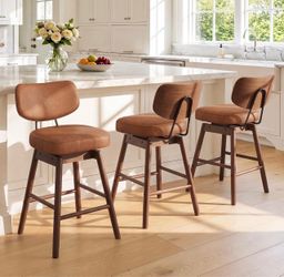 Leather Wood Back Swivel – Set of 3 Counter Height Stools
