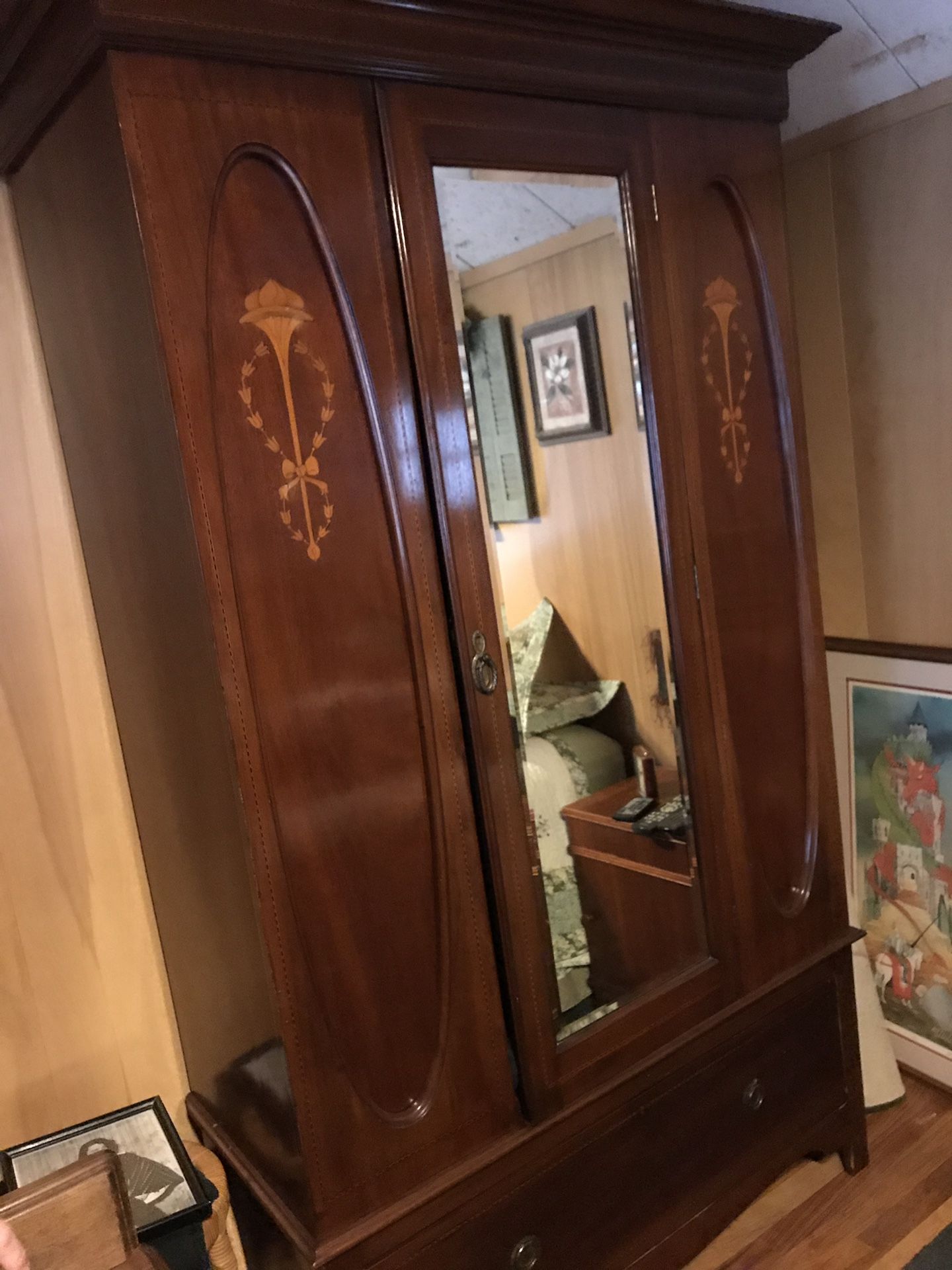 Antique Armoire with Inlay Mahogany Wardrobe