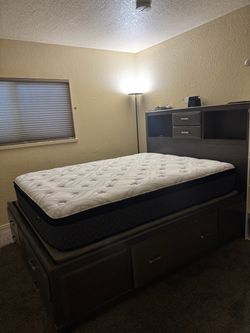 Full Bed Frame with Storage and Bookcase Headboard