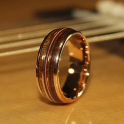 Guitar String Mens Wedding Ring Hawaiian Koa Rose Gold Tungsten | Guitarist Mens Wedding Band | Musician Mens Ring 8mm Comfort Fit Size 9-11