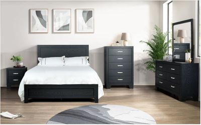 Queen bedroom set, dresser, mirror, nightstand, and queen bed.