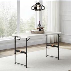 HDX 4 ft. Rectangle Almond Resin Top Single Hand Height Adjustable Folding Utility Table Seats 4