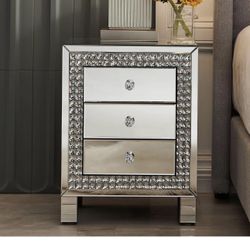 F149 MIREO Mirrored Nightstand with 3-Drawers, Large Mirror Accent Silver Table, Bedroom Mini Cabinet from Furniture  Brand MIREO Product Dimensi