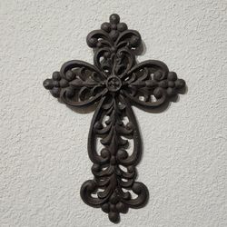 Ornate Cast Iron Wall Cross - Rustic Brown/Bronze Finish
