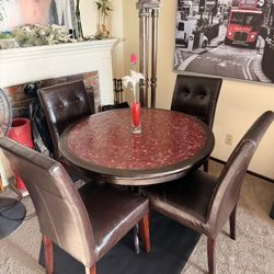 Beautiful Wood Mosaic Round Red Table Chairs