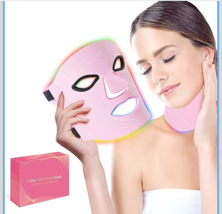 Led Face Mask Light Therapy,Red Light Therapy for Face and Neck,7 Colors LED Facial Skin Care Mask,5 Level Brightness Adjustment,309 LED Beads Can Be