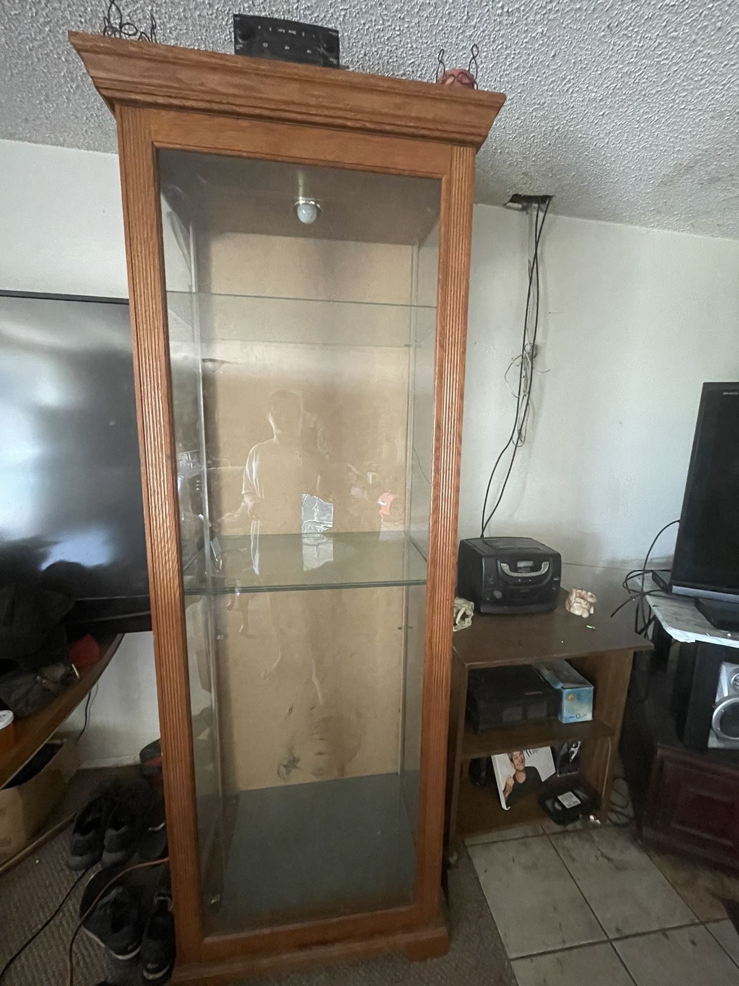 Sliding Door Cabinet With Glass Shelves