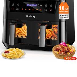 8QT Large Dual Basket Air Fryer with Viewing Window and 50pcs Paper Liners, 10-in-1 Digital Touchscreen Double Zone Air Fryers, SyncCook to Bake,Roas