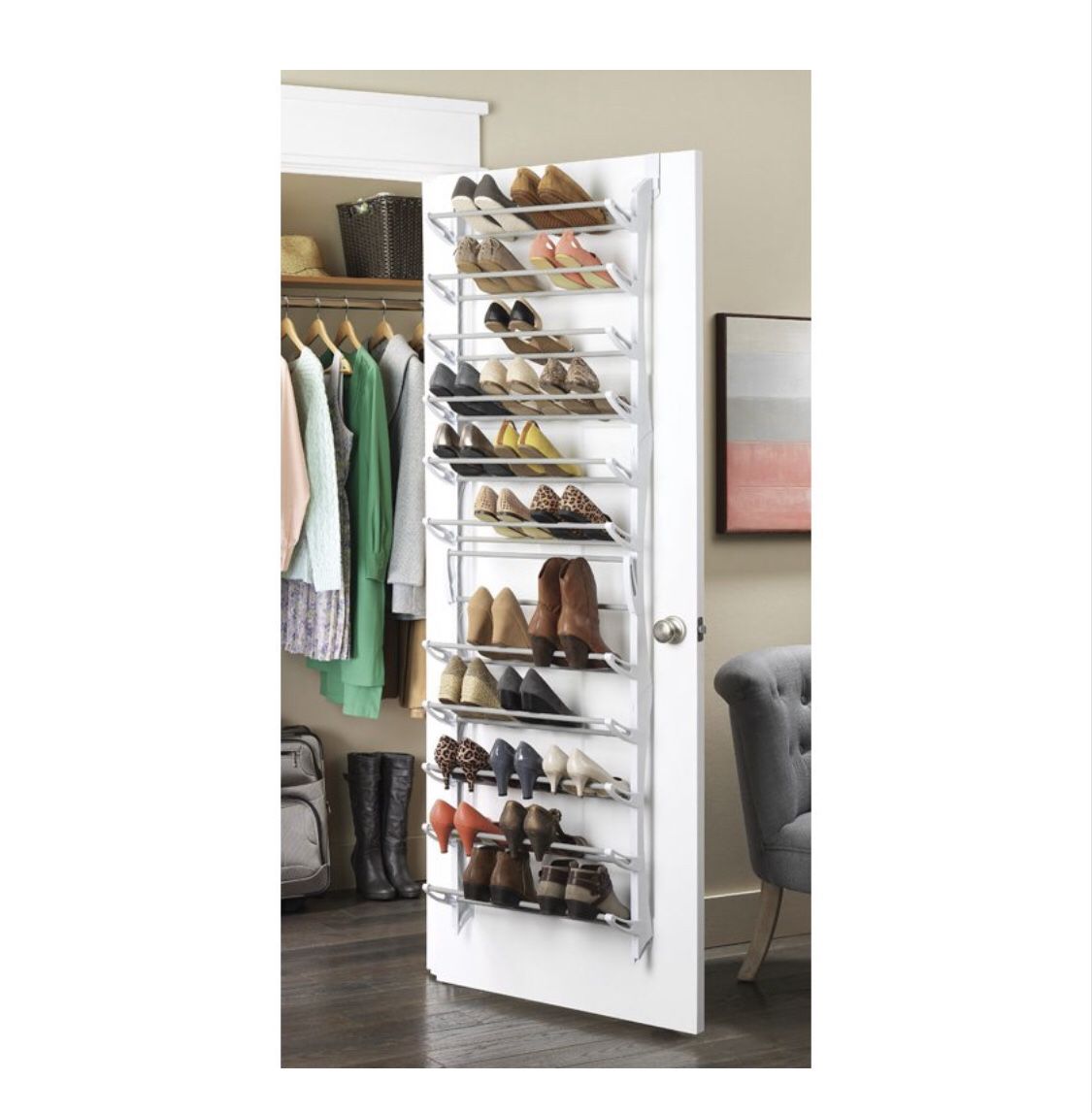 Whitmor Over-the-Door Shoe Rack Hanging Organizer - Fold Up Nonslip Bars - 36 Pair - White