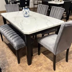6 pc faux marble top dining table set 64"L x 38"W x 30.3"H