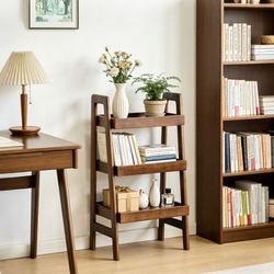 100% Solid Wood Ladder Shelf, 3 Tier Small Ladder Bookshelf, Freestanding Ladder Shelf with Open Storage,Side Table for Living Room, Bedroom, Study, H