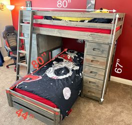 Bunk Bed with built-in desk, book shelves and drawers