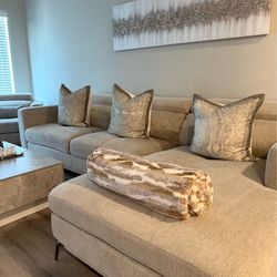 Modern Neutral Sectional Sofa with Chaise + Matching Accent Chair