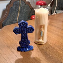 2 PC Lot Vintage Our Lady Of Lourdes Pillar Candle W/Her Statue Made In France & 1980's Blue Ceramic Cross