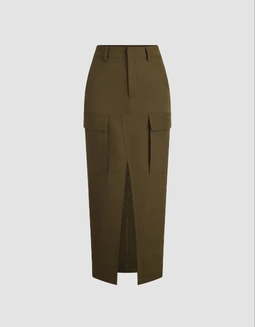 High Waist Maxi Pencil Skirt with Cargo Pockets in Khaki