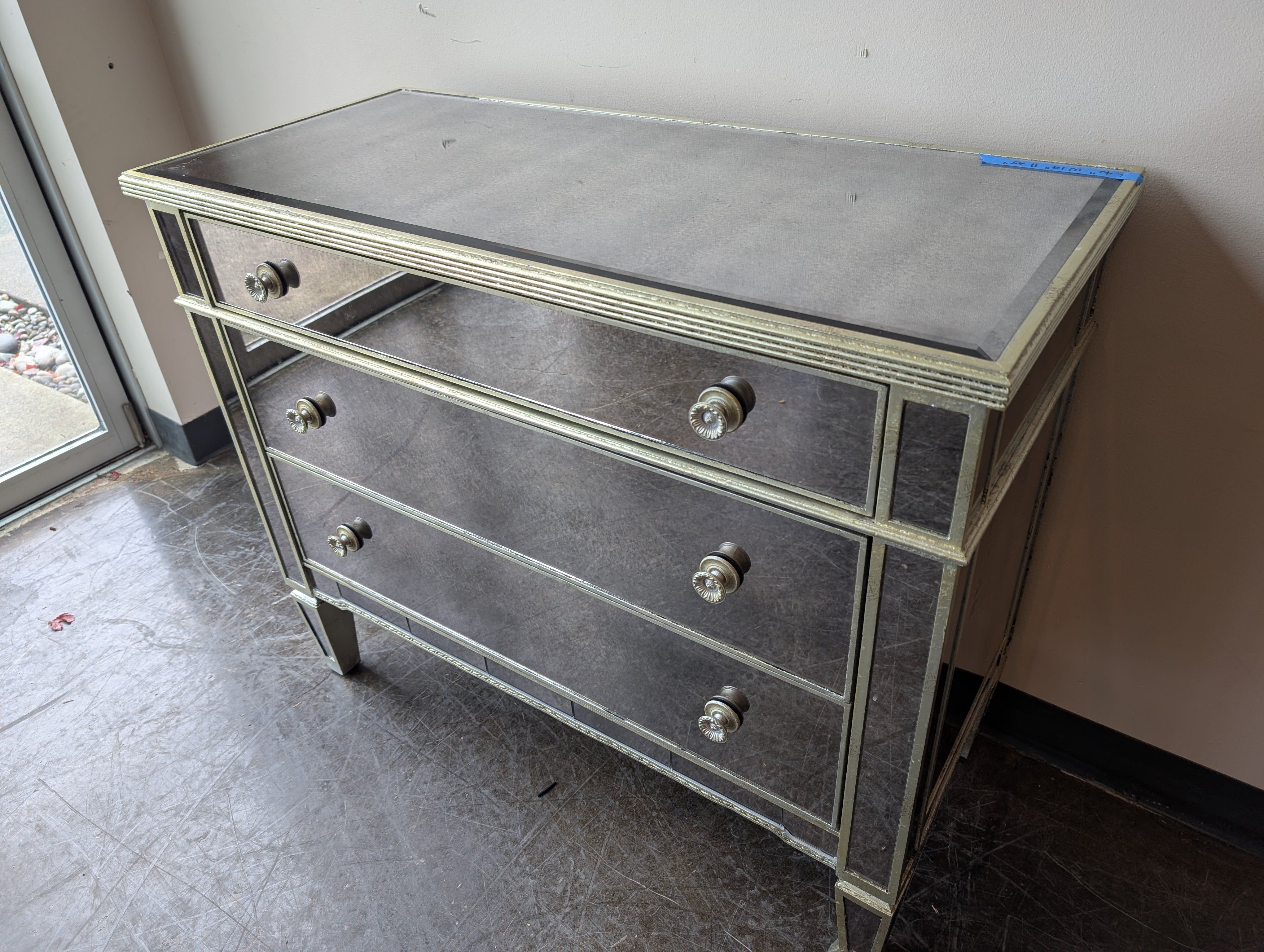 Glamorous Mirrored 3-Drawer Accent Chest with Gold Trim